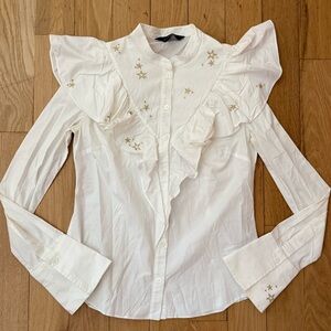 Women’s Top Karen Millen Embroidered Star Ruffle White Button Up Size US 6